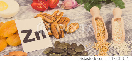 Healthy food containing natural zinc, vitamins or minerals. Best ingredients for healthy nutrition 118331935