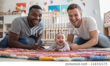 Happy gay fathers playing with baby son at home 118332173
