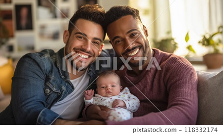 Happy gay couple holding their newborn baby at home 118332174