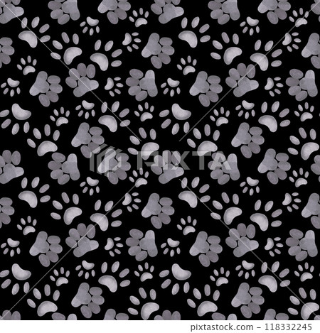 Seamless watercolor pattern. Paws and paw prints of pets, dogs and cats on a black background, all objects are hand-painted with watercolors. For printing on paper, designing pet products, postcards. 118332245
