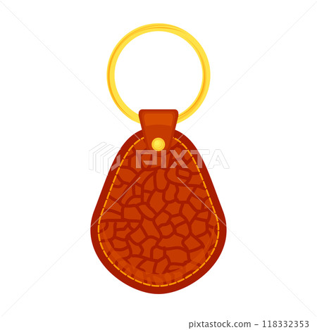 Vector leather holder trinket, gold keychain for key. Metal ring. Label of red fob for car or office. Keyring isolated. Blank accessory for home. 118332353