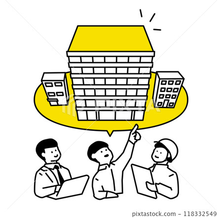 Illustration of three people discussing building plans Illustration of three people discussing building plans 118332549