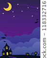 Halloween at night, crescent moon and starry sky, city silhouette, illustration, large space (vertical) 118332716