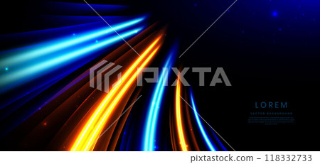 Abstract blue and orange neon diagonal glowing on black background with lighting effect sparkle. Abstract blue and orange neon diagonal glowing on black background with lighting effect sparkle. 118332733