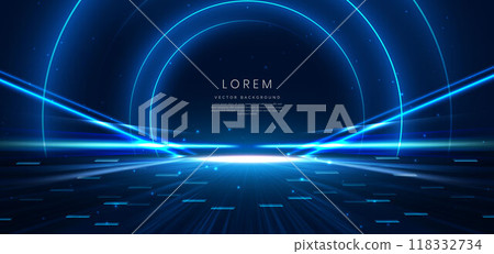 Abstract scene elegant blue light lines on dark background with lighting effect and sparkle. Abstract scene elegant blue light lines on dark background with lighting effect and sparkle. 118332734