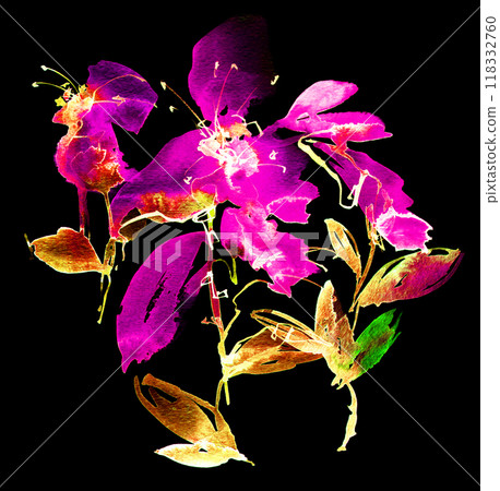 Neon watercolour leaves and flowers Neon watercolour leaves and flowers 118332760