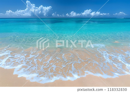 Serene Tropical Beach with Crystal Clear Water and Fluffy Clouds - Ideal for Summer Vacation Design Generative AI Serene Tropical Beach with Crystal Clear Water and Fluffy Clouds - Ideal for Summer Vacation Design Generative AI 118332830
