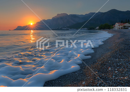 Stunning Sunset Beach Scene with Foamy Waves and Distant Mountains Perfect for Summer Vacation Posters and Travel Promotions Generative AI 118332831