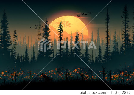 Majestic Full Moon Over Pine Forest at Dusk for Nature Posters, Cards, and Designs Generative AI 118332832