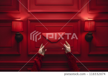 Red Envelope with Hands in Red Sweater on Red Background - Festive Concept for Valentines, Invitations, or Letters Generative AI 118332874