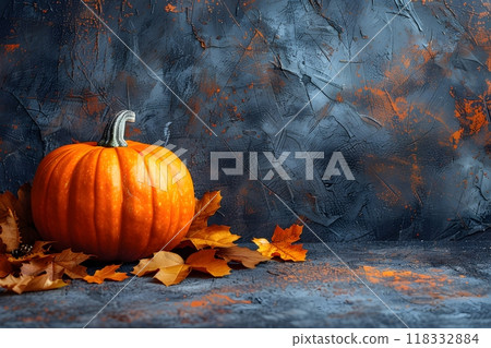 Autumn Pumpkin with Fall Leaves on Dark Artistic Background for Seasonal Decor and Halloween Themes Generative AI 118332884