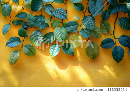 Green Vines on Bright Yellow Wall - Nature-Inspired Botanical Design for Home Decor and Wall Art Generative AI 118332914
