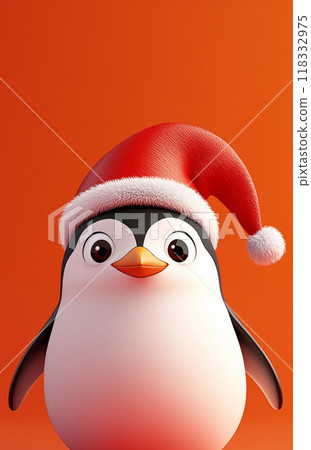 手绘卡通可爱的戴圣诞帽的企鹅插画 118332975