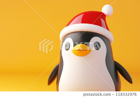 手绘卡通可爱的戴圣诞帽的企鹅插画 118332976
