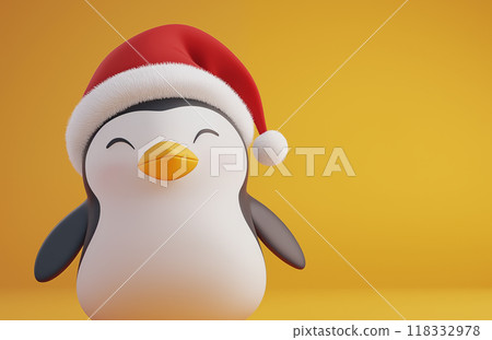 手绘卡通可爱的戴圣诞帽的企鹅插画 118332978