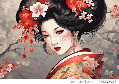 A gorgeous and beautiful illustration of a beautiful woman in a kimono 118332981