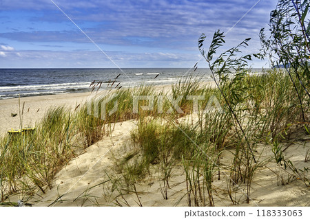 Dune landscape with sand and dune grass on the Polish Baltic Sea coast Dune landscape with sand and dune grass on the Polish Baltic Sea coast 118333063