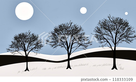 Tranquil winter landscape illustration featuring sparse trees, snow dusted hills, and a glowing full moon 118333109