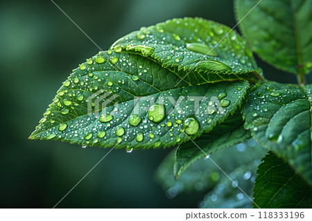 Close-Up of Dew Drops on Green Leaves - Nature, Freshness, and Natural Beauty Generative AI 118333196