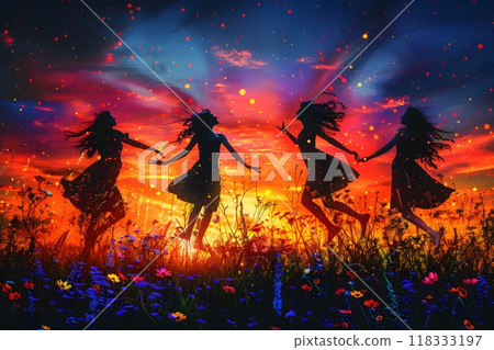 Women's Friendship and Joyful Celebration at Sunset - Perfect for Posters and Cards Generative AI 118333197