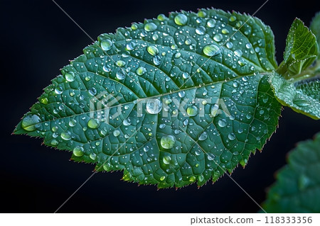 Dew-Covered Leaf Macro Photography Nature's Intricate Details for Design, Print, Poster Generative AI 118333356