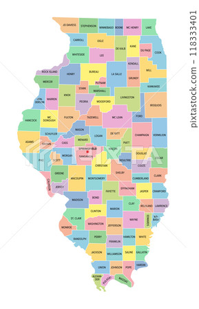 Illinois, U.S. state, subdivided into 102 counties, multi colored political map with capital Springfield, borders and county names. State in the Midwestern region of United States. Land of Lincoln. Illinois, U.S. state, subdivided into 102 counties, multi colored political map with capital Springfield, borders and county names. State in the Midwestern region of United States. Land of Lincoln. 118333401