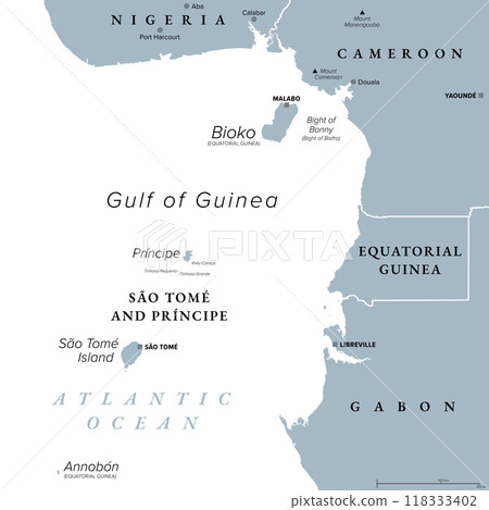 Cameroon line, volcanic island chain off the coast of West Africa, gray political map. Volcano chain including islands in the Gulf of Guinea in the Atlantic Ocean and mountains on mainland of Africa. 118333402