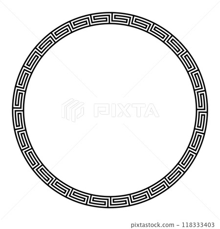 Greek key ornament, large circle frame with seamless meander pattern. Decorative circular border, constructed from continuous lines, shaped into a repeated motif. Isolated illustration. Vector. 118333403