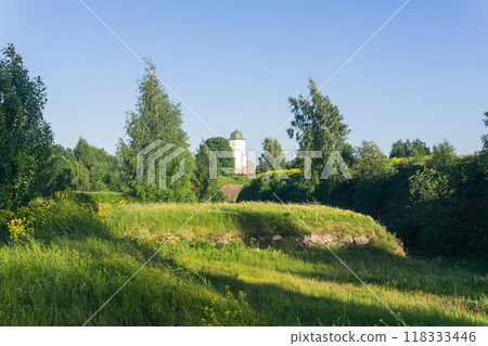 sunny landscape with stone walls among grass, ruins of ancient fortifications and a castle tower in the distance 118333446