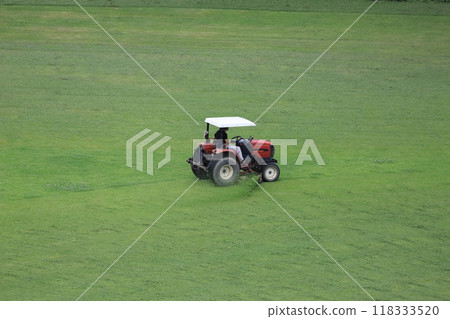 Mowing the lawn with a lawnmower 118333520