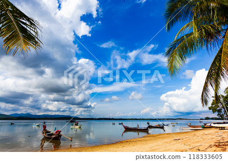 Blue sky white clouds in good weather day sunny sky background 118333605