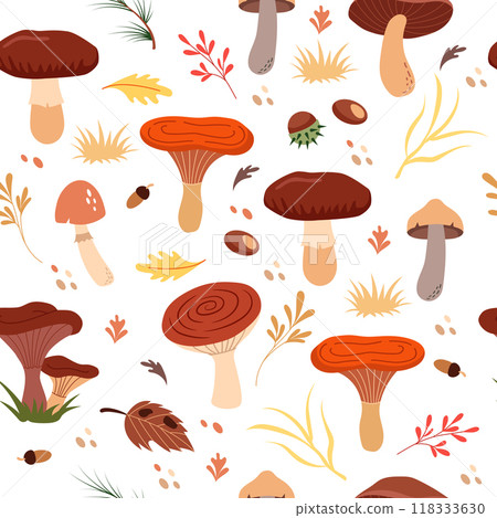 Autumn forest seamless pattern. Mushrooms, berries, chestnuts, pine needles, leaves. Beautiful trendy background for packaging, fabric, wallpaper. 118333630