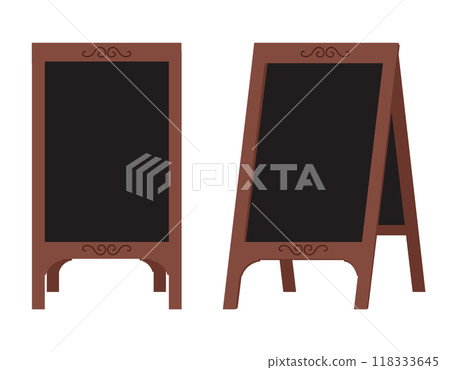 Wooden street sandwich empty stand black menu board. Welcome stand sign with black side. Wooden street sandwich empty stand black menu board. Welcome stand sign with black side. 118333645