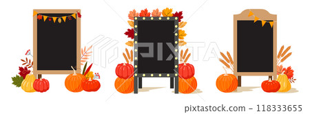 Set of empty restaurant outdoor menu black boards with festive autumn decoration of pumpkins, ears, leaves. Vector illustration. 118333655