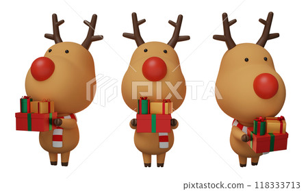 Christmas Rudolph carrying a bundle of gifts 3D graphics 118333713