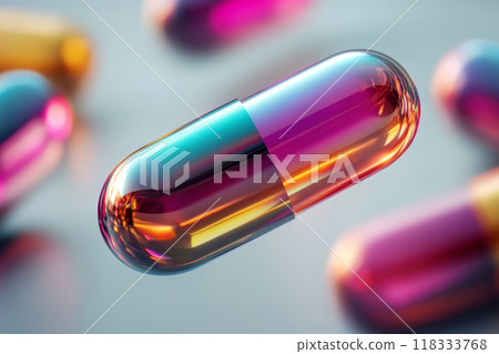 Vibrant capsule pill with multicolored reflections. Pharmaceutical futuristic design 118333768