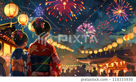 Two women in yukata walking through the city on a summer night 118333930