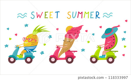 Fun pineapple, ice cream and watermelon ride on a scooter. The inscription " Sweet summer". Vector illustration. Fun pineapple, ice cream and watermelon ride on a scooter. The inscription " Sweet summer". Vector illustration. 118333997