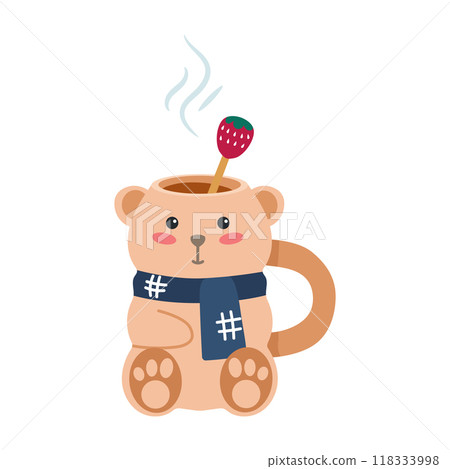 Cute ceramic mug in the shape of toy bear illustration. Hot drink cocoa or tea. 118333998