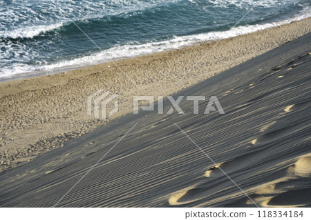 Summer in Tottori Prefecture: View of the Sea of Japan from the back of a horse on the Tottori Sand Dunes Summer in Tottori Prefecture: View of the Sea of Japan from the back of a horse on the Tottori Sand Dunes 118334184