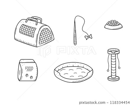 Pet store doodle, a set of icons of goods for the animal store. Vector illustration. Pet store doodle, a set of icons of goods for the animal store. Vector illustration. 118334454