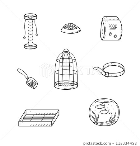Pet store doodle, a set of icons of goods for the animal store. Vector illustration. 118334458