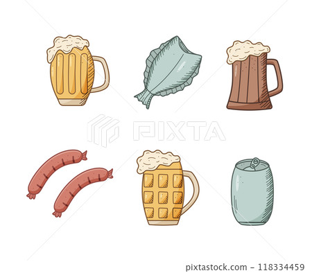 Beer doodle icons set. Vector illustration of Pub elements beer and snacks. Drawing Oktoberfest or bar. 118334459