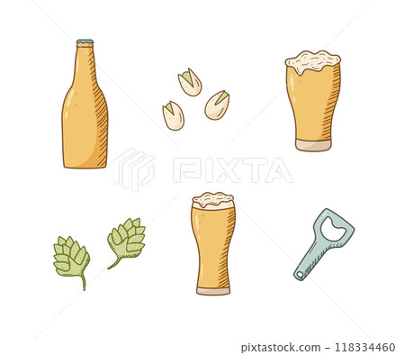Beer doodle icons set. Vector illustration of Pub elements beer and snacks. Drawing Oktoberfest or bar. Beer doodle icons set. Vector illustration of Pub elements beer and snacks. Drawing Oktoberfest or bar. 118334460