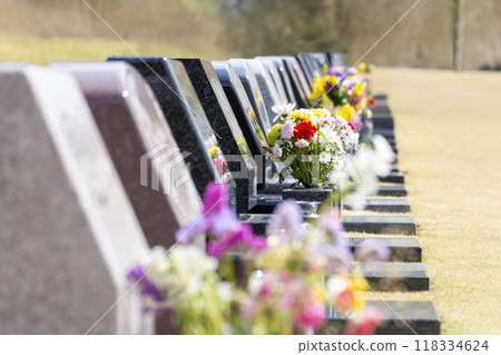 Flowers offered at a gravestone in a cemetery 118334624