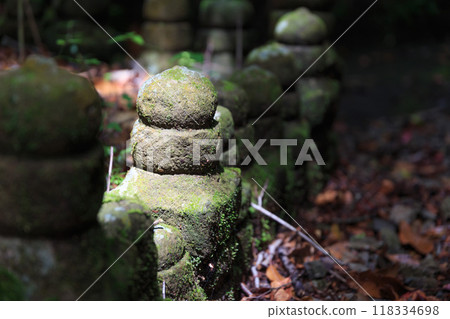 Path with moss-covered pagodas on Mt. Hikane (Atami, Japan) Path with moss-covered pagodas on Mt. Hikane (Atami, Japan) 118334698