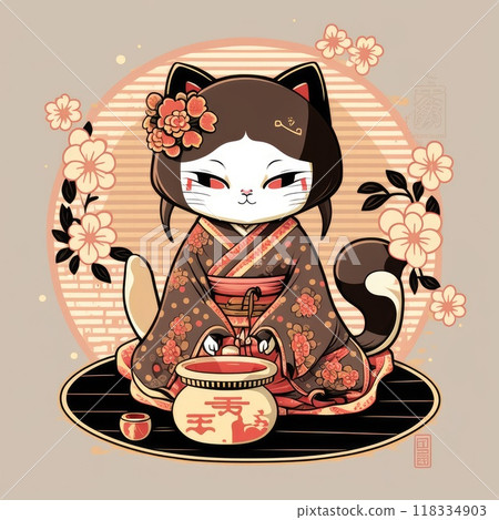 Korean geisha chibi cat in gown on japanese or chinese tea ceremony. Asian animal in kimono and traditional kettle with asian cup. Cartoon ai generated illustration with geisha, teapot and drink Korean geisha chibi cat in gown on japanese or chinese tea ceremony. Asian animal in kimono and traditional kettle with asian cup. Cartoon ai generated illustration with geisha, teapot and drink 118334903