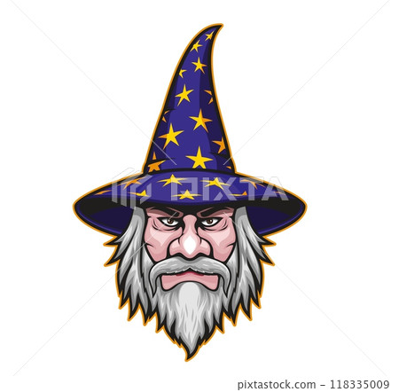Wizard or mage mascot character. Isolated cartoon stern, bearded sorcerer, astrologer or warlock head emblem with pointed hat adorned with stars, exuding a sense of magic and mystery, wisdom and power 118335009
