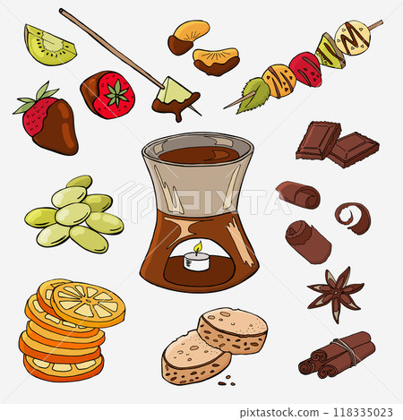 Set for chocolate fondue with fruit and berries. Dessert, pieces of fruit and chocolate. Vector illustration. 118335023