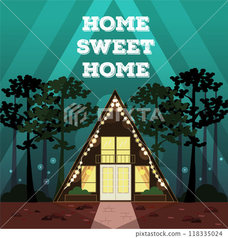 Wooden cabin with porch on pillars. Cartoon vector of small triangular wood house for mountain or forest resort and camping. Wooden cabin with porch on pillars. Cartoon vector of small triangular wood house for mountain or forest resort and camping. 118335024
